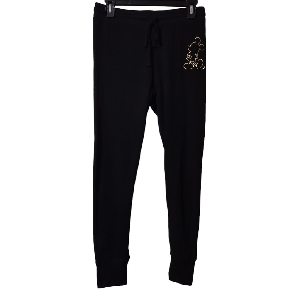 Disney Mickey Mouse Pants Woman's Medium Sweat Pants Black With Gold Logo Mickey